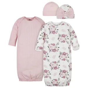 4-Piece Baby Girls Organic Floral Gowns & Caps