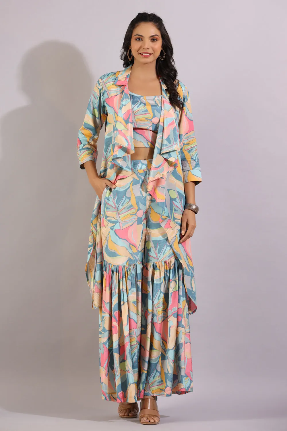 Abstract Art on Blue Three Piece Silk Co-ord Set