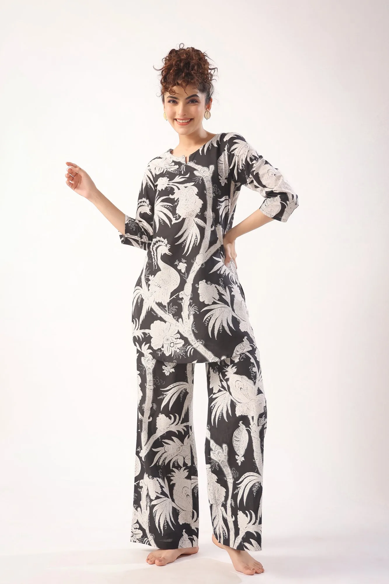 Bird Print On Black Palazzo Loungewear Set