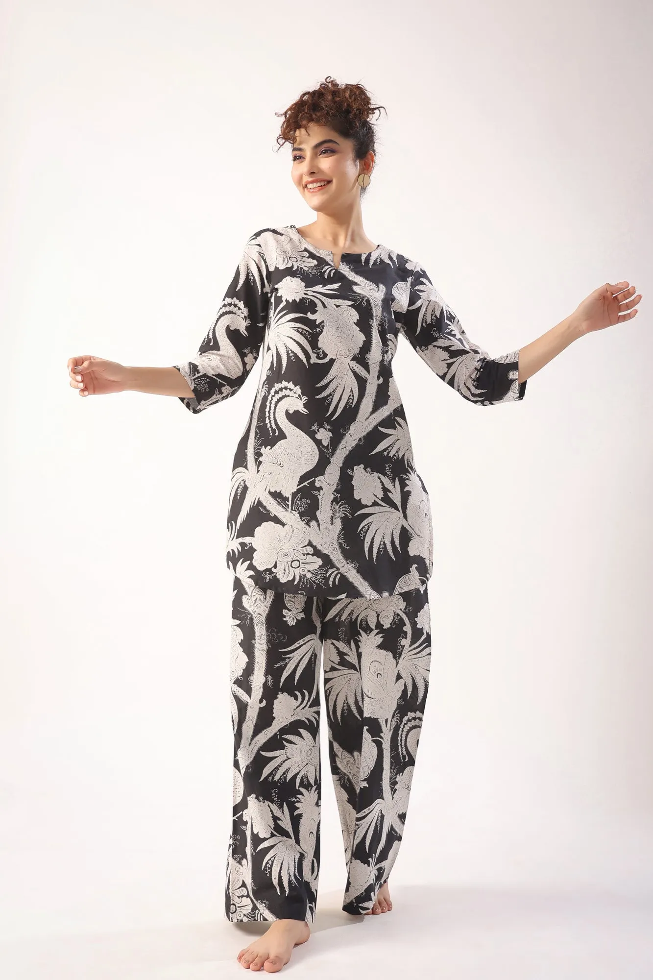 Bird Print On Black Palazzo Loungewear Set