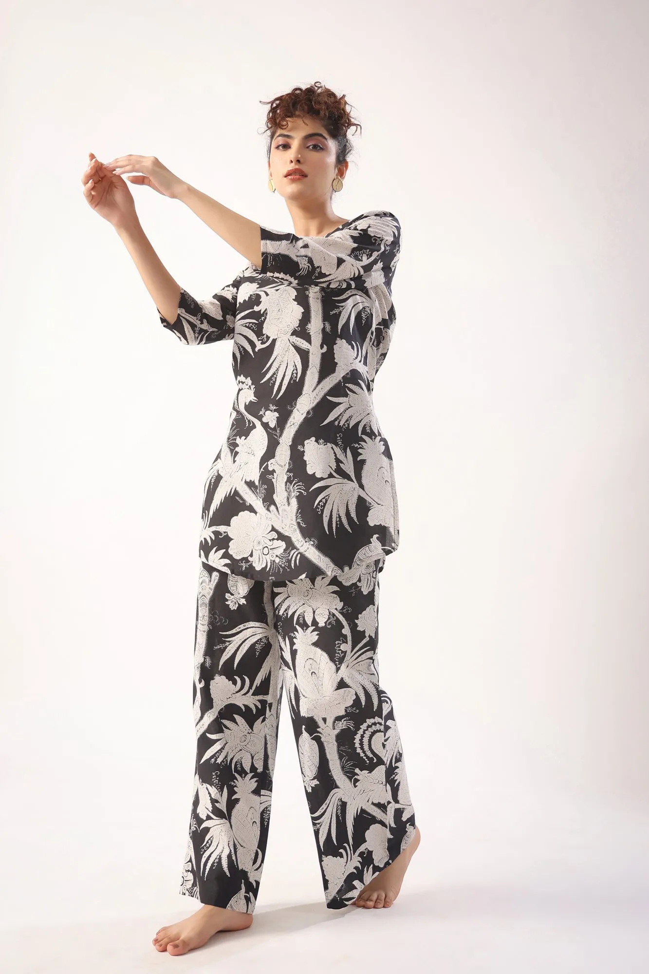 Bird Print On Black Palazzo Loungewear Set