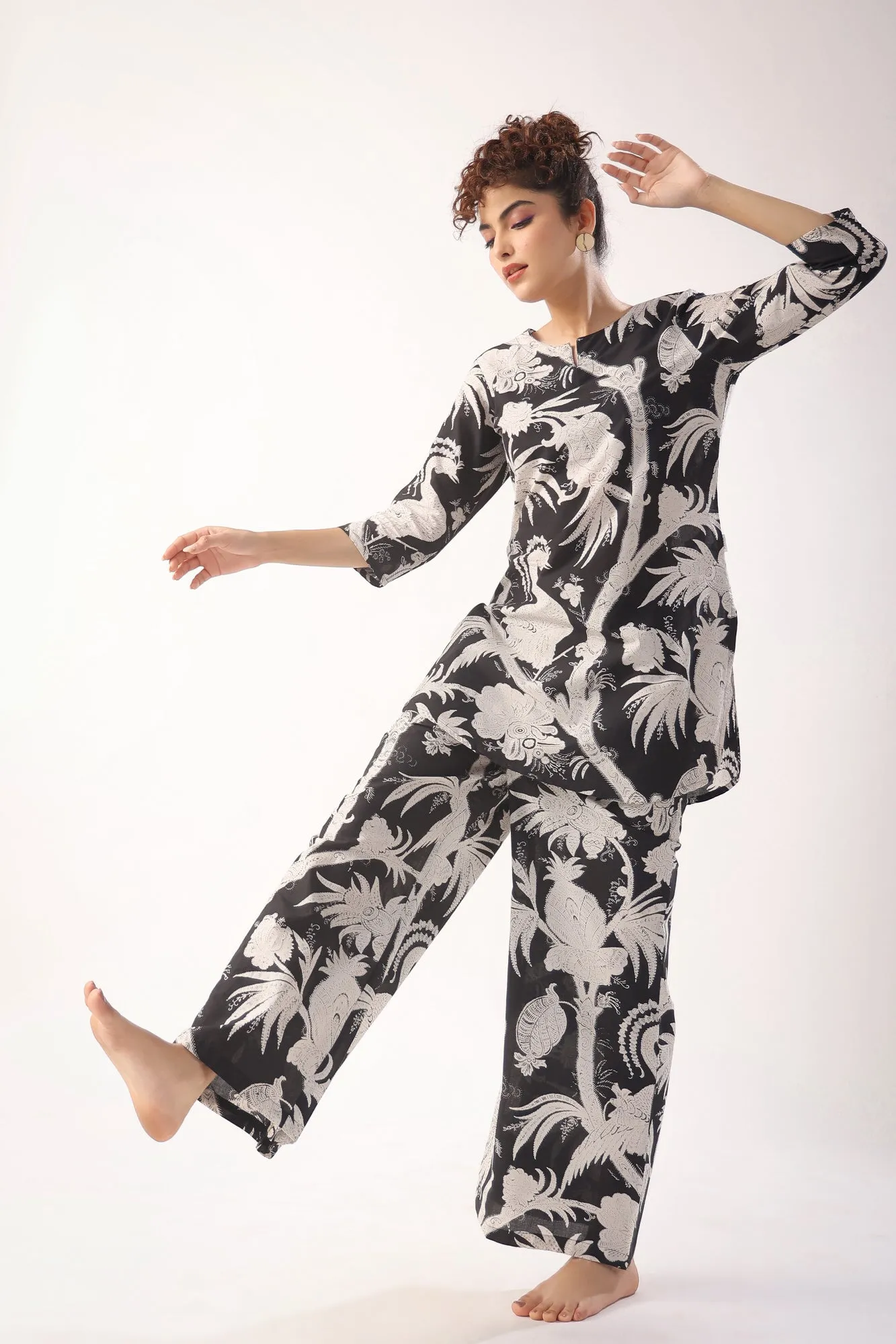 Bird Print On Black Palazzo Loungewear Set