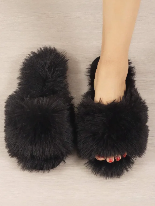 Black Fluffy Slippers