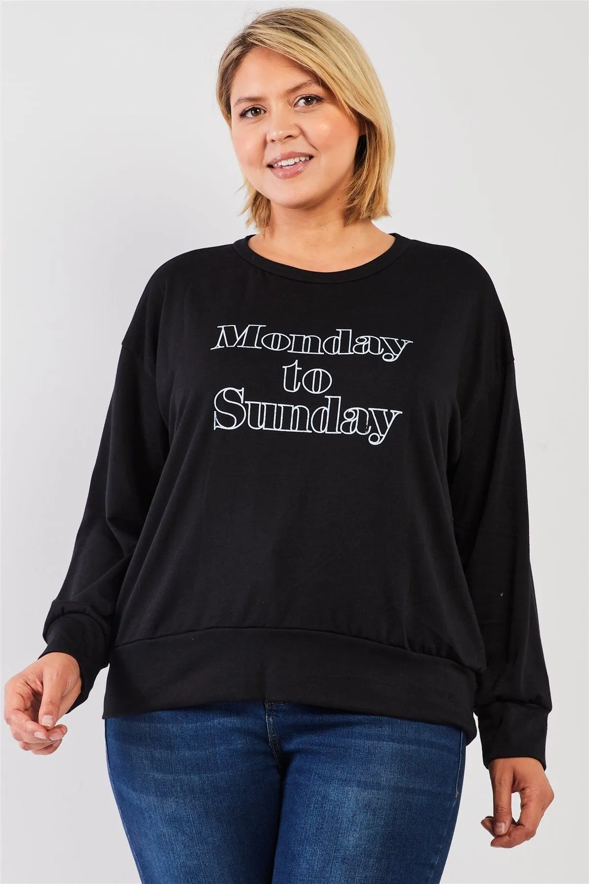 Black "Monday Sunday" Print Long Sleeve Relaxed Sweatshirt Top /3-2-1