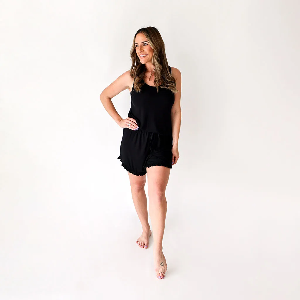 Black Ribbed Women's Tank Ruffled Short Set