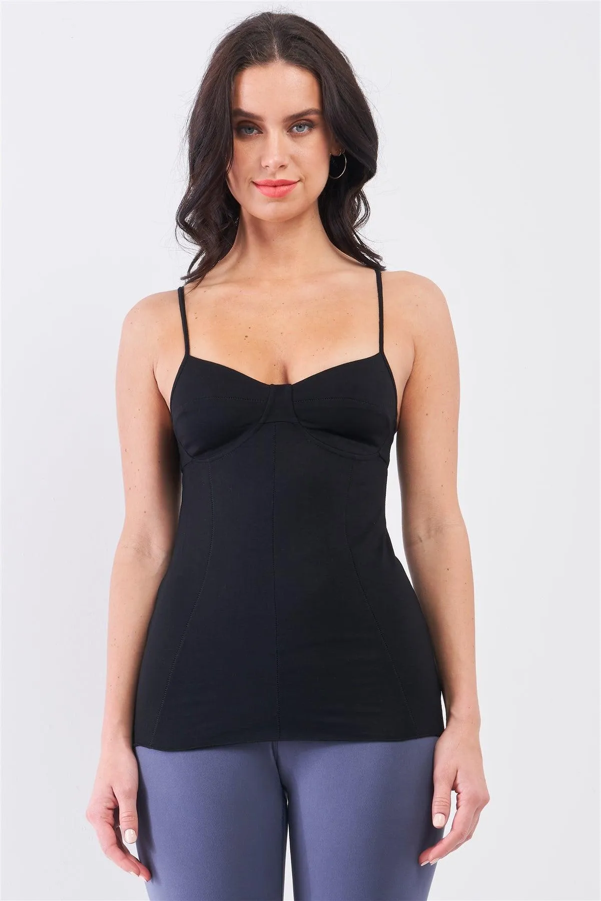 Black Sleeveless V-Neck Stitching Detail Basic Cami Top /1-2-1-2-1