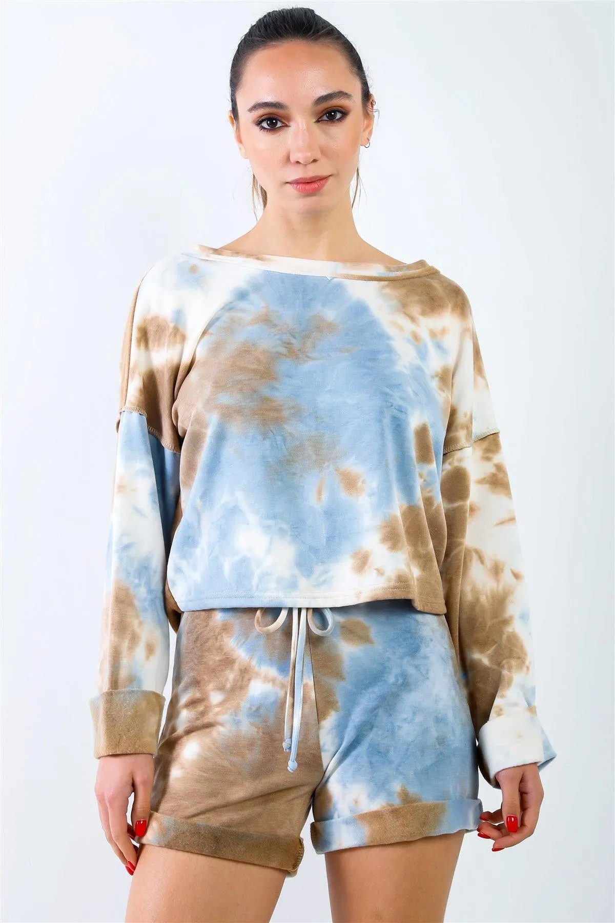 Blue & Mocha Tie-Dye Inside Out Wrap Open Back Sweatshirt & High Waist Shorts Set /3-2-1