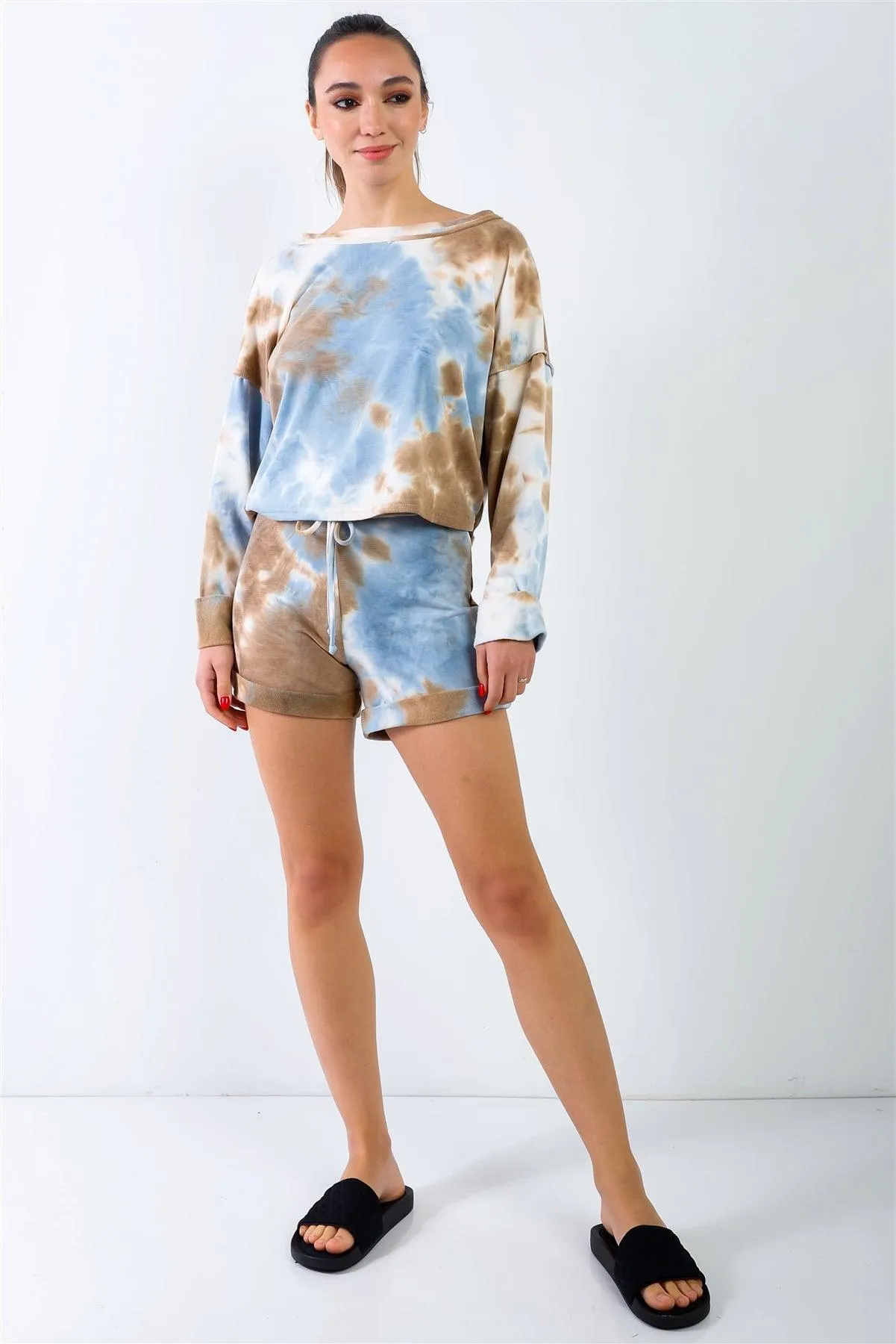 Blue & Mocha Tie-Dye Inside Out Wrap Open Back Sweatshirt & High Waist Shorts Set /3-2-1