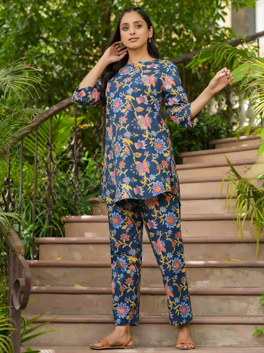 Blue cotton printed loungewear set