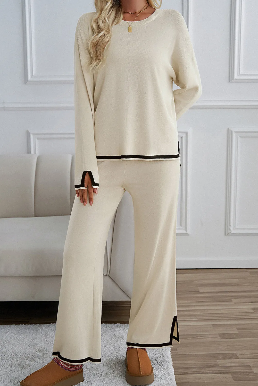 Contrast Trim Sweater and Pants Set