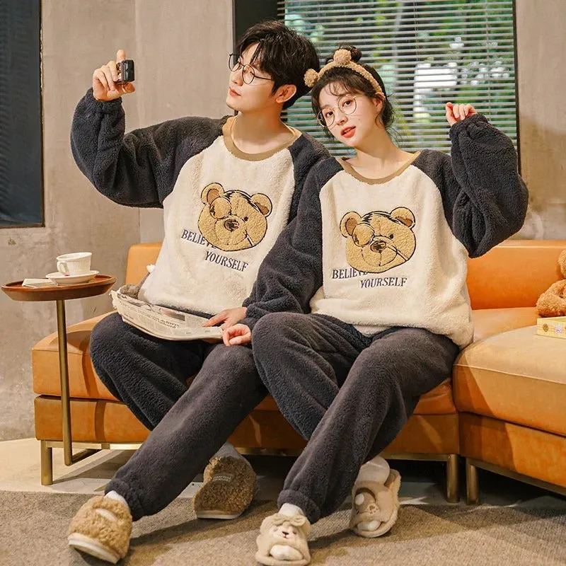 Cozy Cartoon Print Fleece Couple Pajama Set