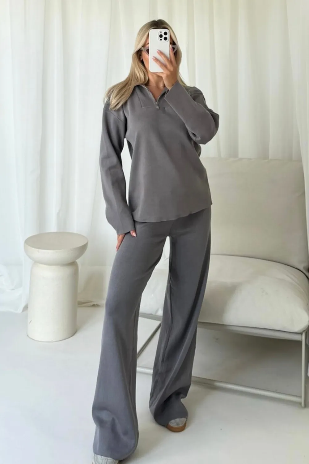 Demi grey 3/4 zip sweater straight leg knitted loungewear