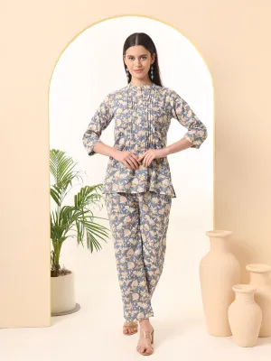 Ekisha's women grey multicolor floral printed cotton co-ord set lounge wear