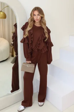 Ella chocolate frilly sweater & straight leg loungewear set