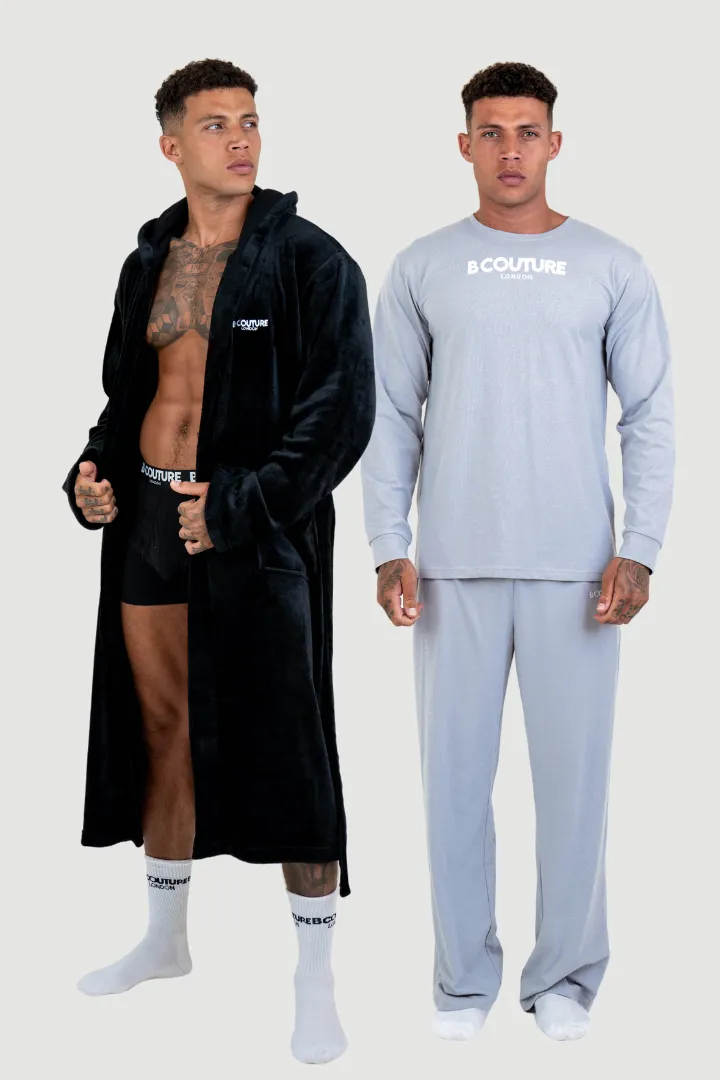 Fleece Dressing Gown & Cotton PJ Set Bundle - Black/Grey