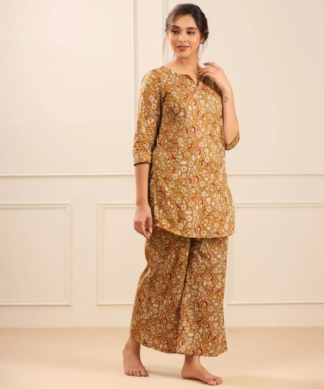 Floral Canopy on Mustard Cotton Palazzo Loungewear Set