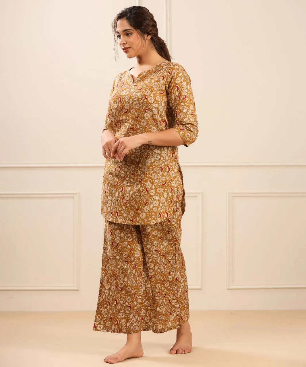 Floral Canopy on Mustard Cotton Palazzo Loungewear Set