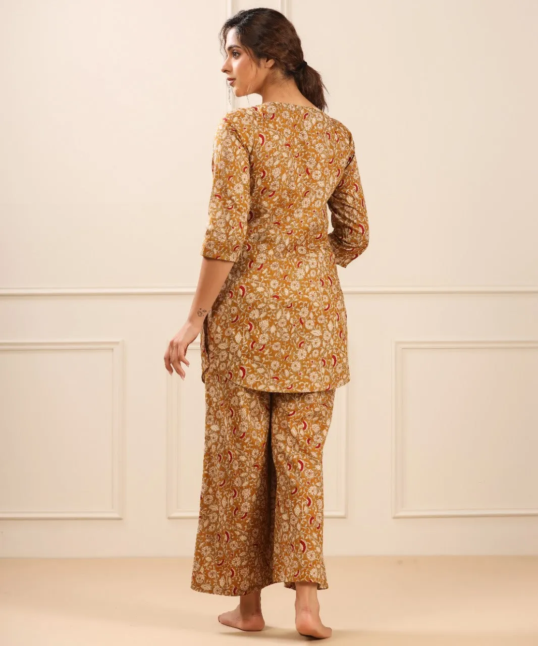 Floral Canopy on Mustard Cotton Palazzo Loungewear Set