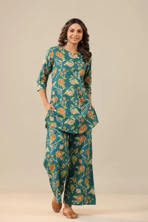 Floral Jaal on Teal Palazzo Loungewear Set