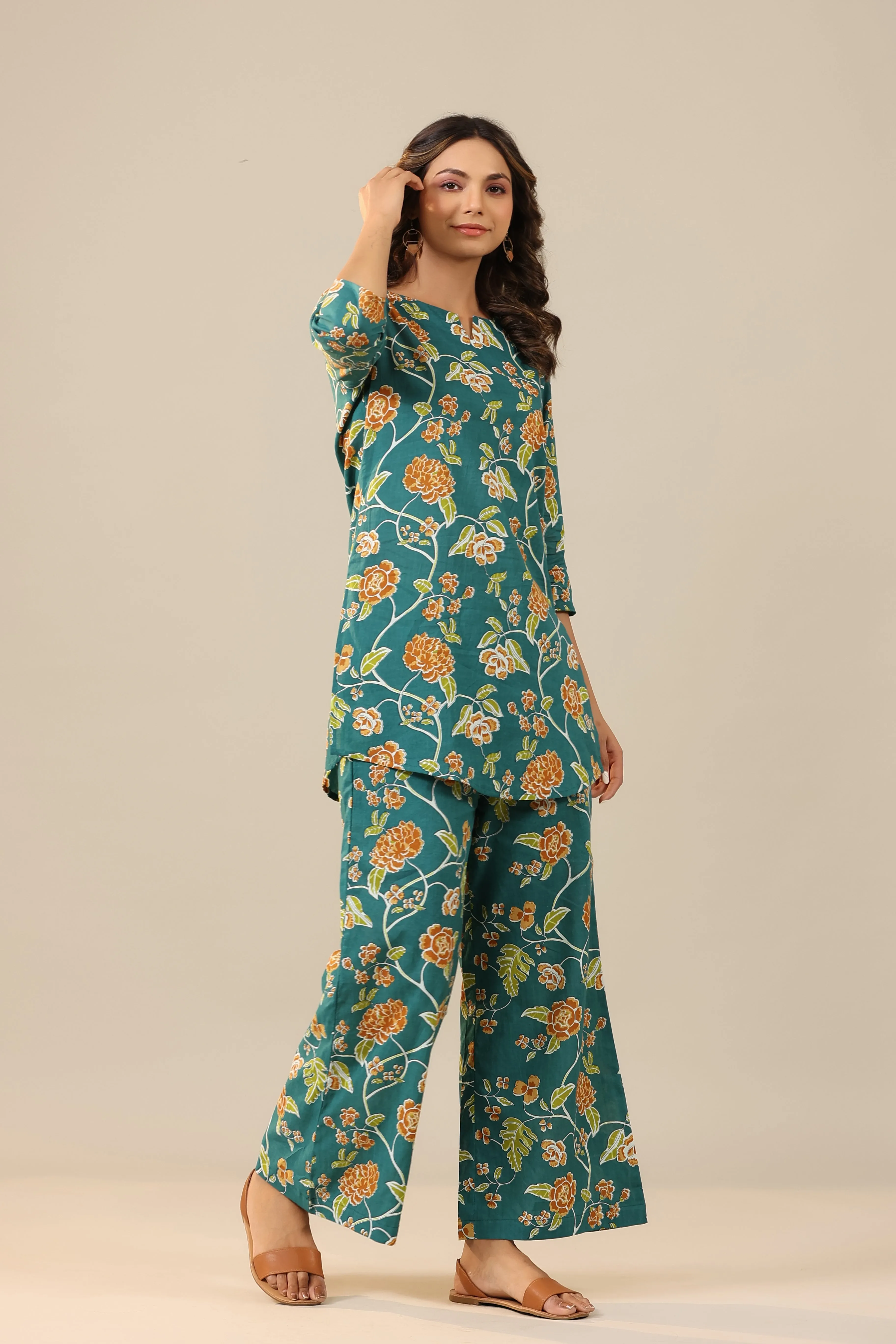 Floral Jaal on Teal Palazzo Loungewear Set