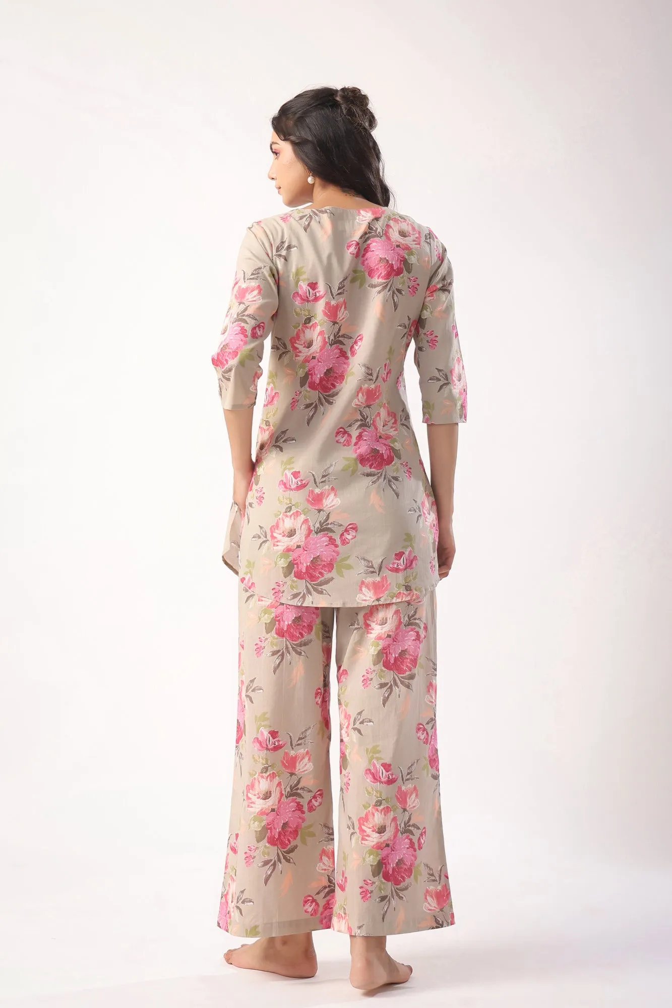 Floral Motifs On Grey Palazzo Loungewear Set