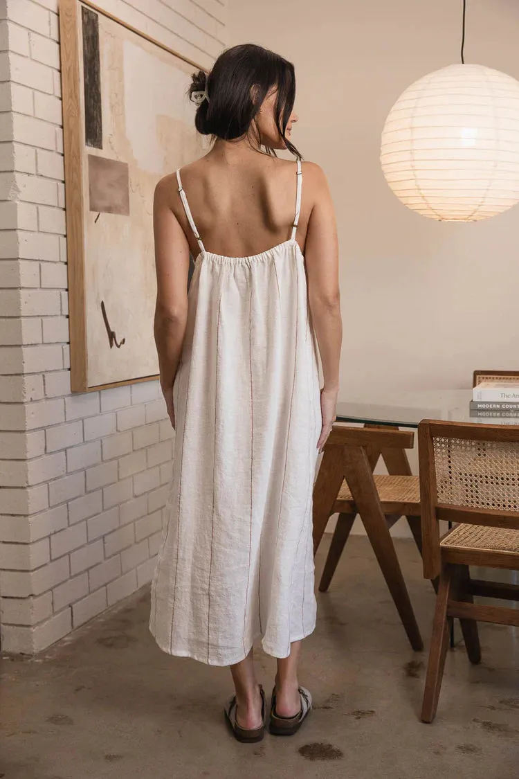 Fundamental Linen Midi Linen Dress - White w Nutmeg Fine Stripe