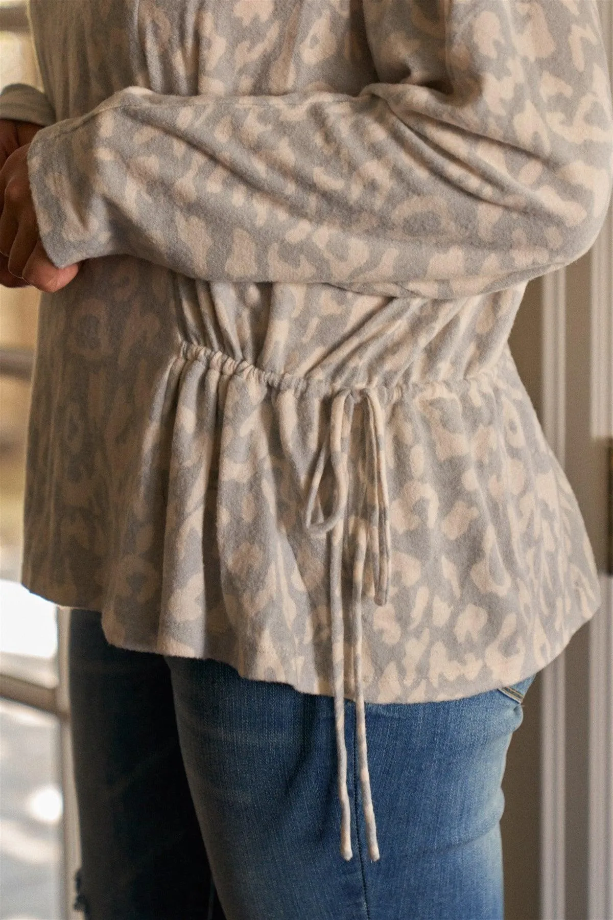 Junior Plus Size Light Blue & Ivory Animal Print Gathered Sides Detail Long Sleeve Top /3-2-1