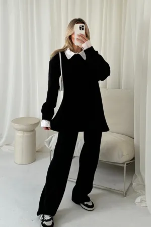 Kerris black shirt collar sweater jogger loungewear