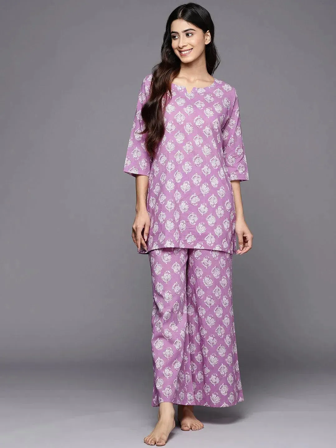 Lavender Printed Cotton Night Suit