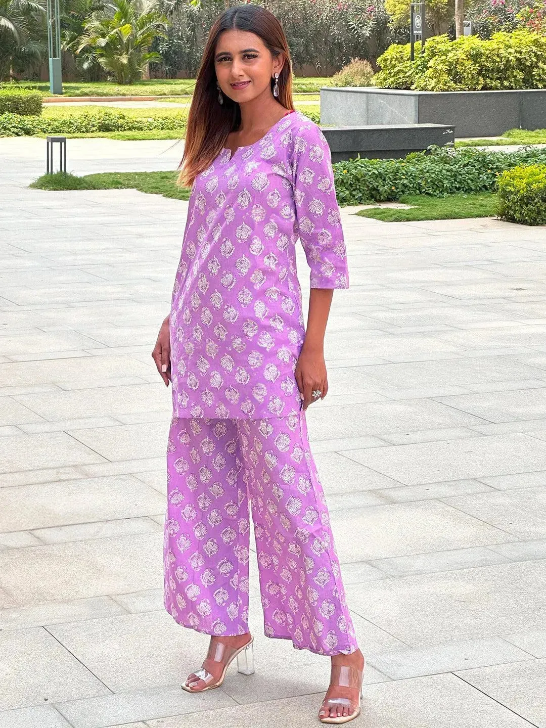 Lavender Printed Cotton Night Suit