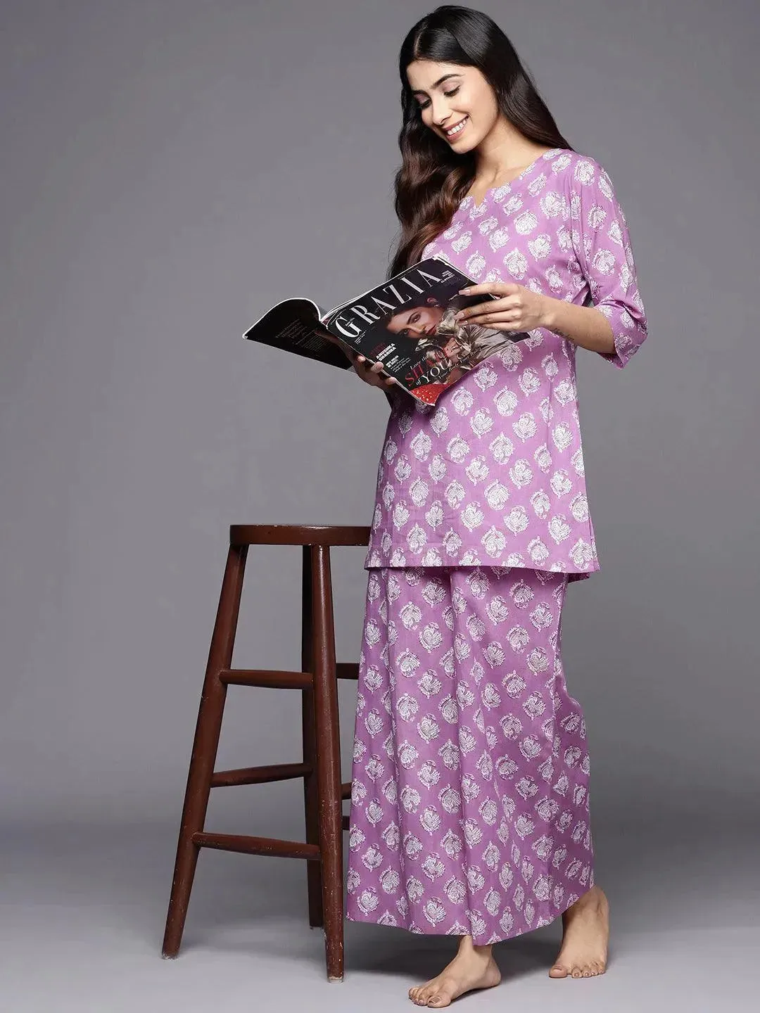 Lavender Printed Cotton Night Suit