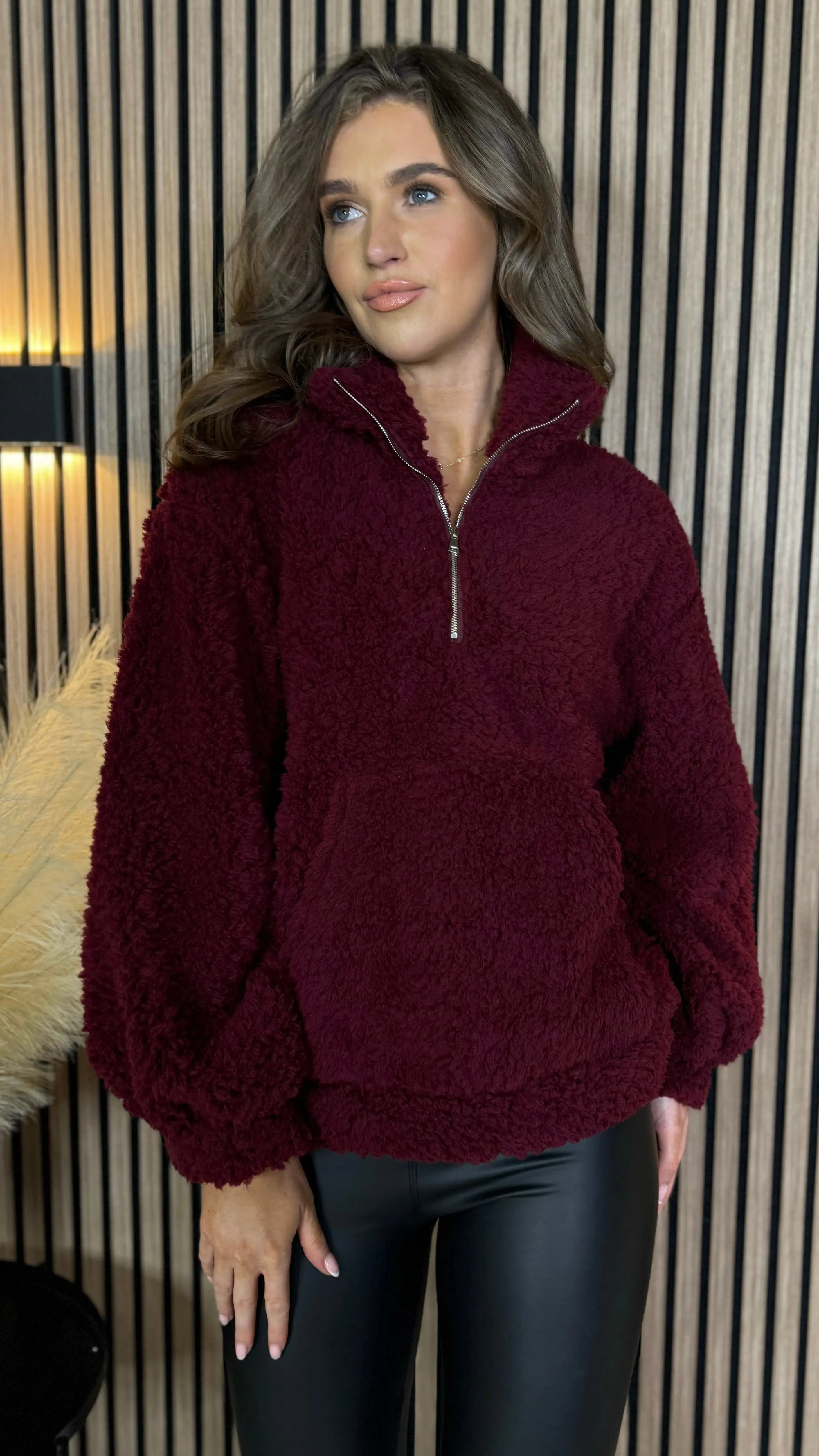 Layla Burgundy Teddy Style Half Zip Top