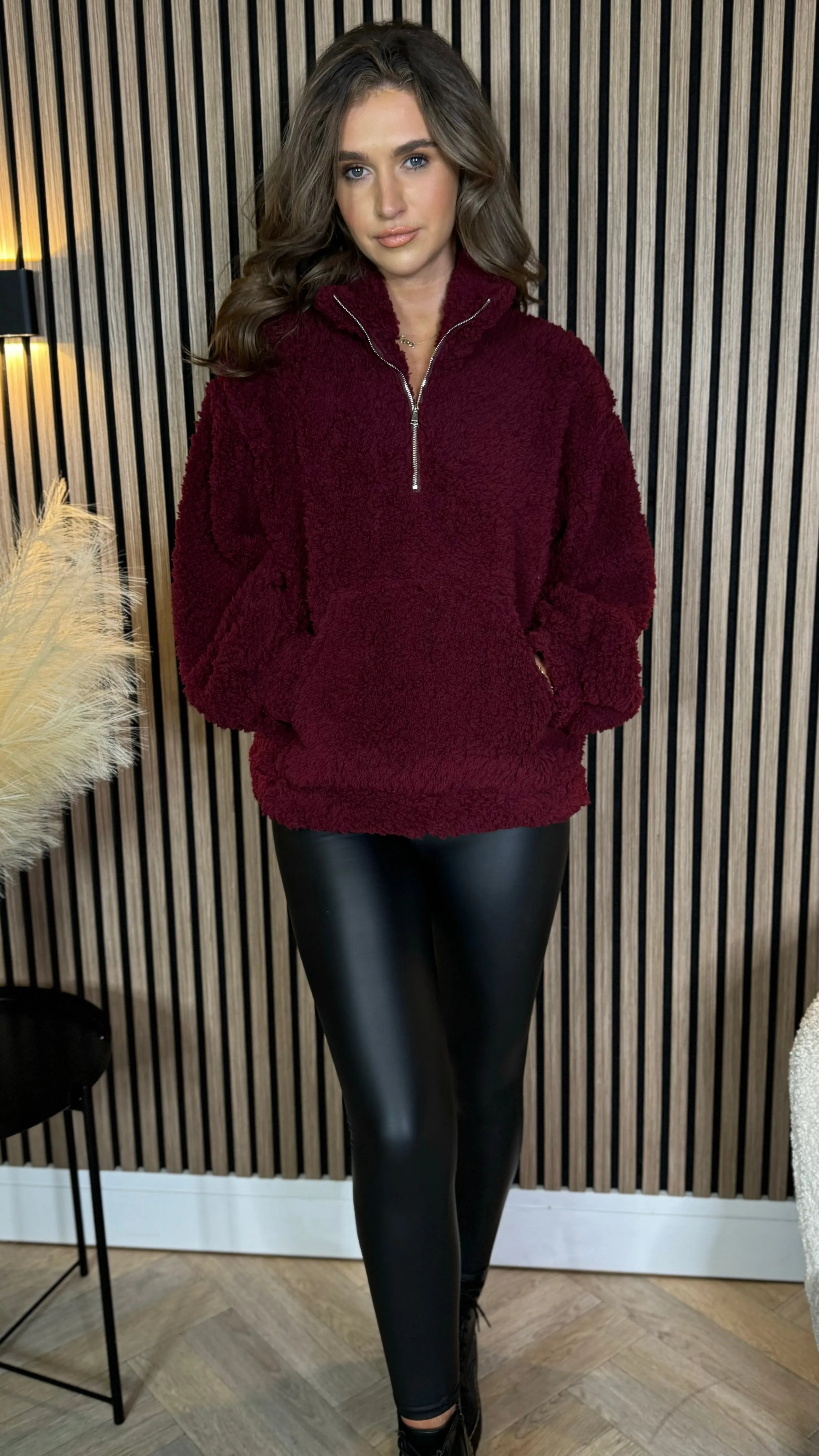 Layla Burgundy Teddy Style Half Zip Top