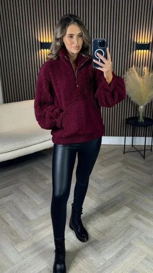 Layla Burgundy Teddy Style Half Zip Top