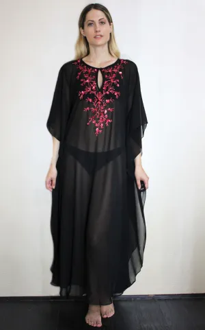 Long Black Kaftan With Pink Embroidered Detailing