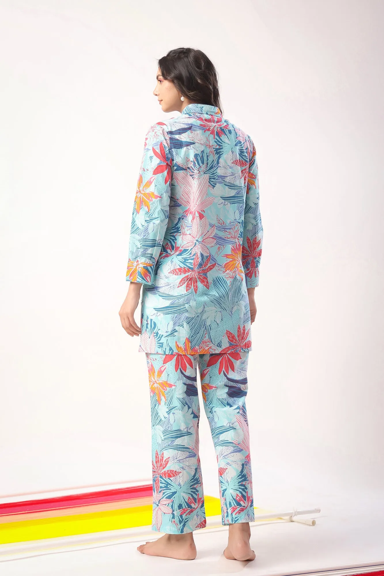 Marine Florals on Blue Loungewear Top Set