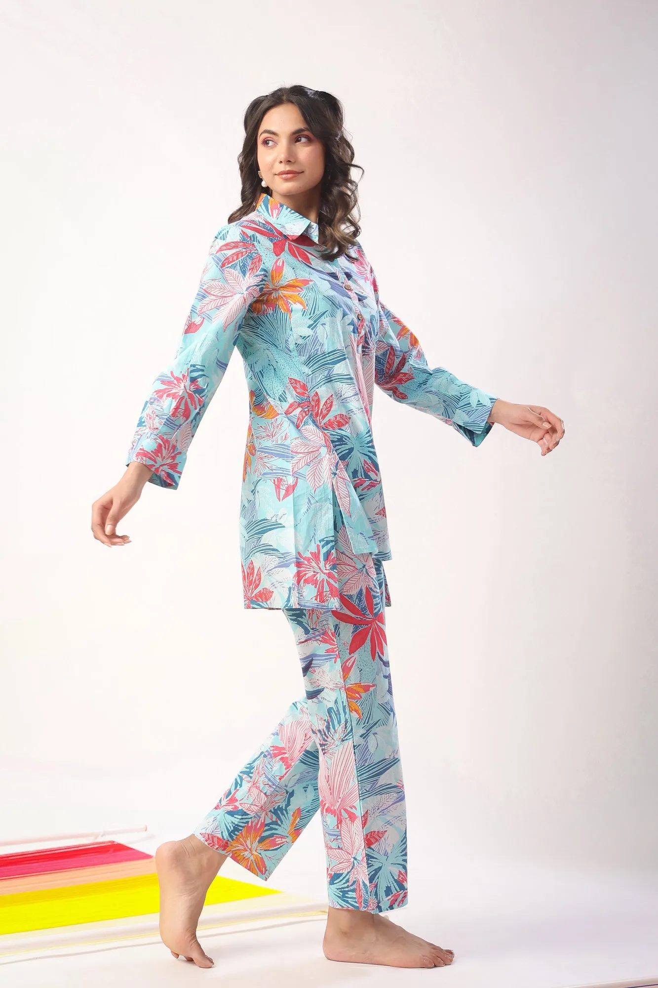 Marine Florals on Blue Loungewear Top Set