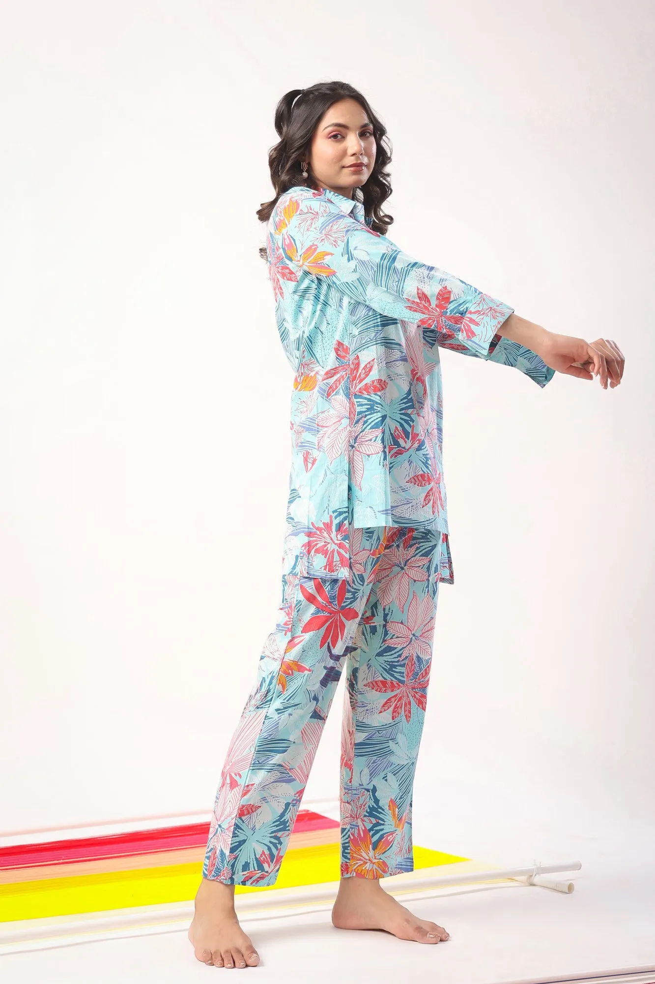 Marine Florals on Blue Loungewear Top Set