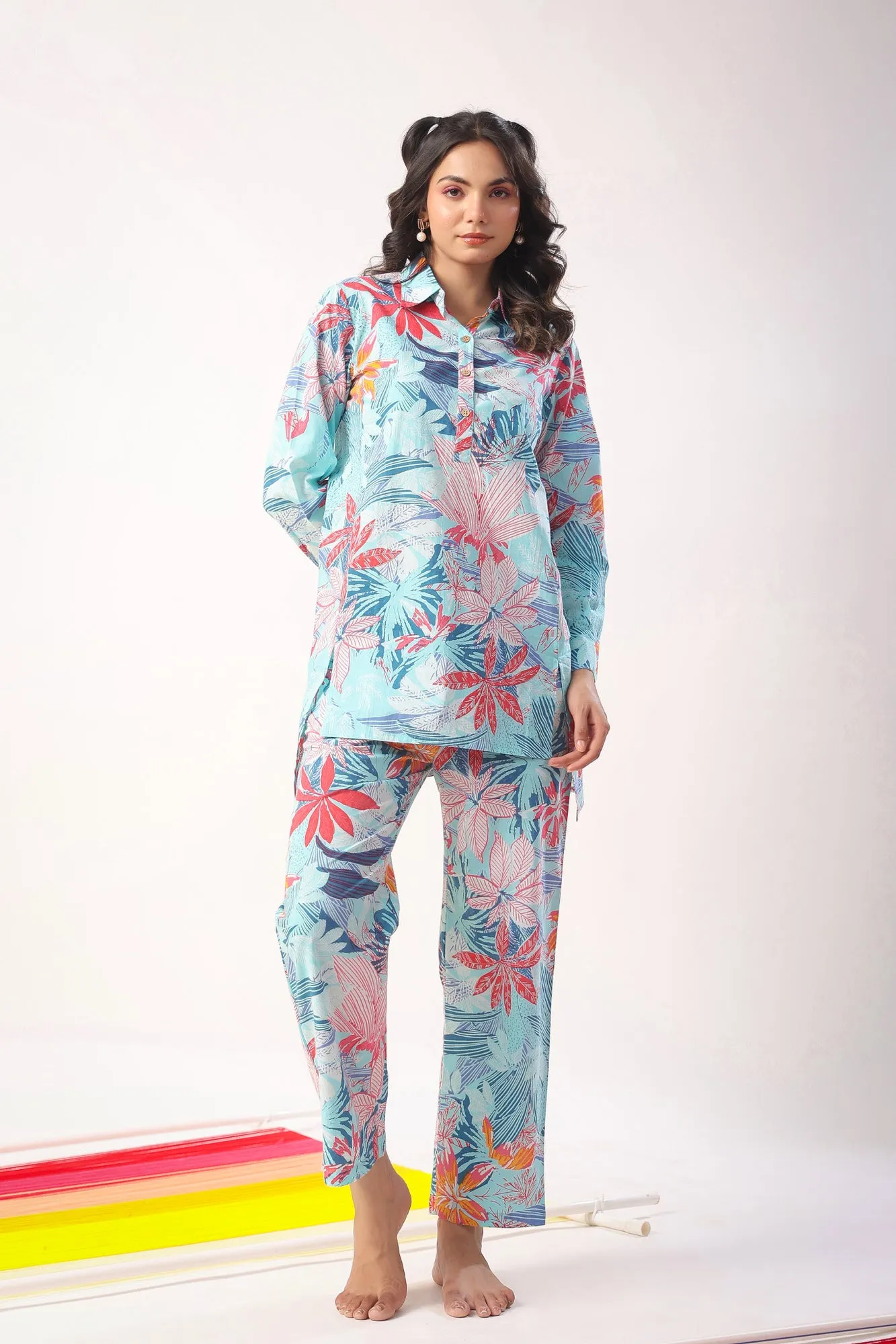 Marine Florals on Blue Loungewear Top Set