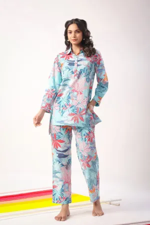 Marine Florals on Blue Loungewear Top Set