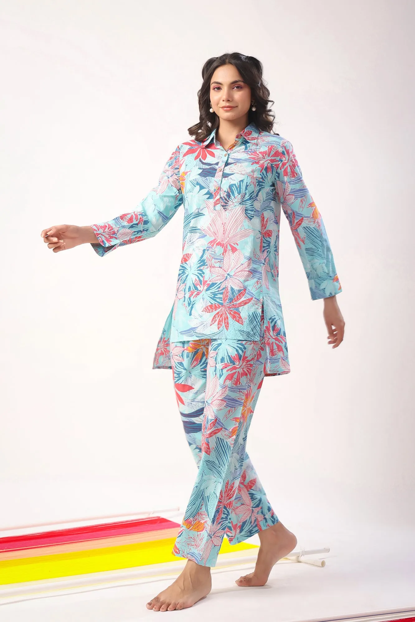 Marine Florals on Blue Loungewear Top Set