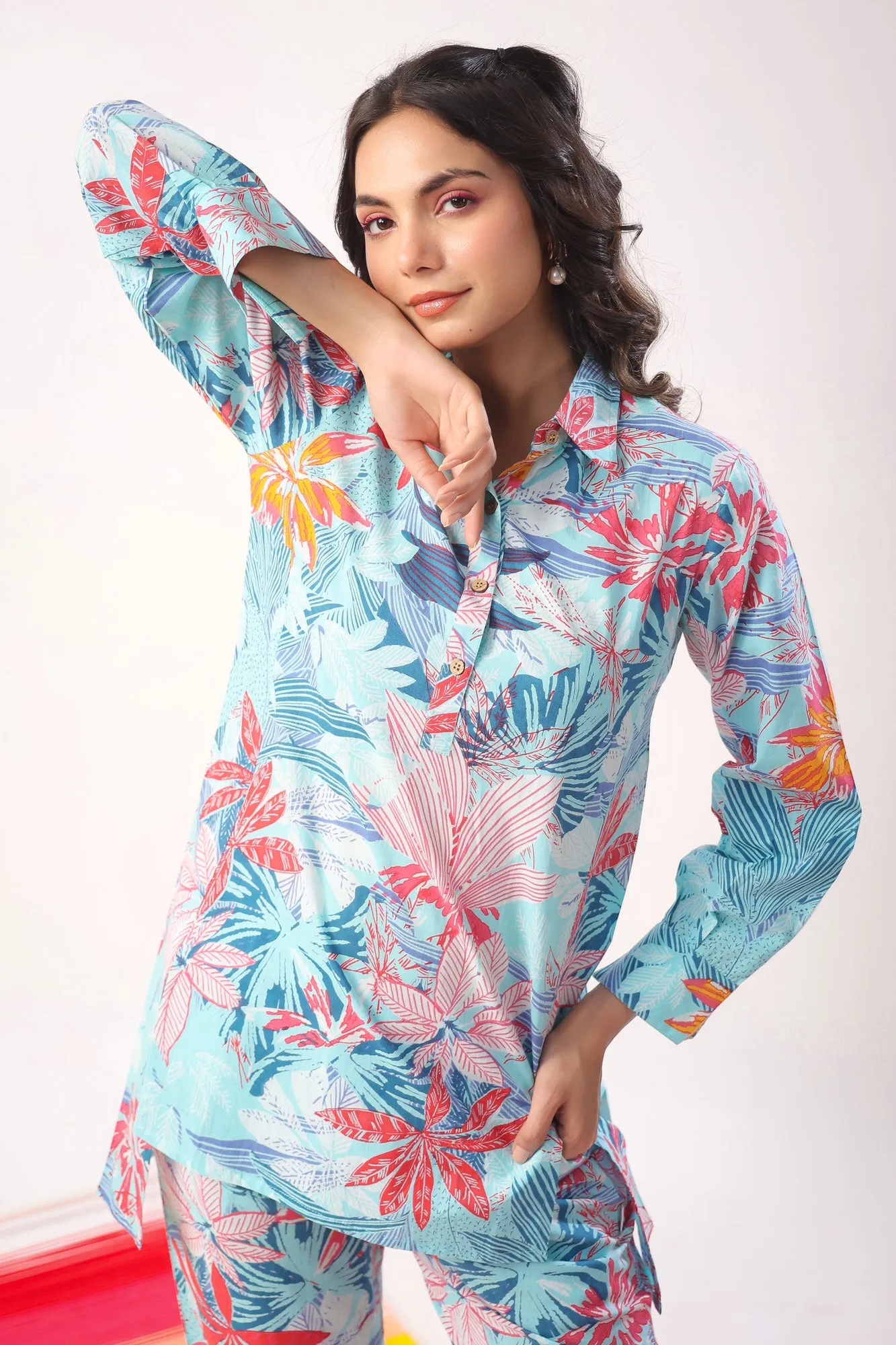 Marine Florals on Blue Loungewear Top Set