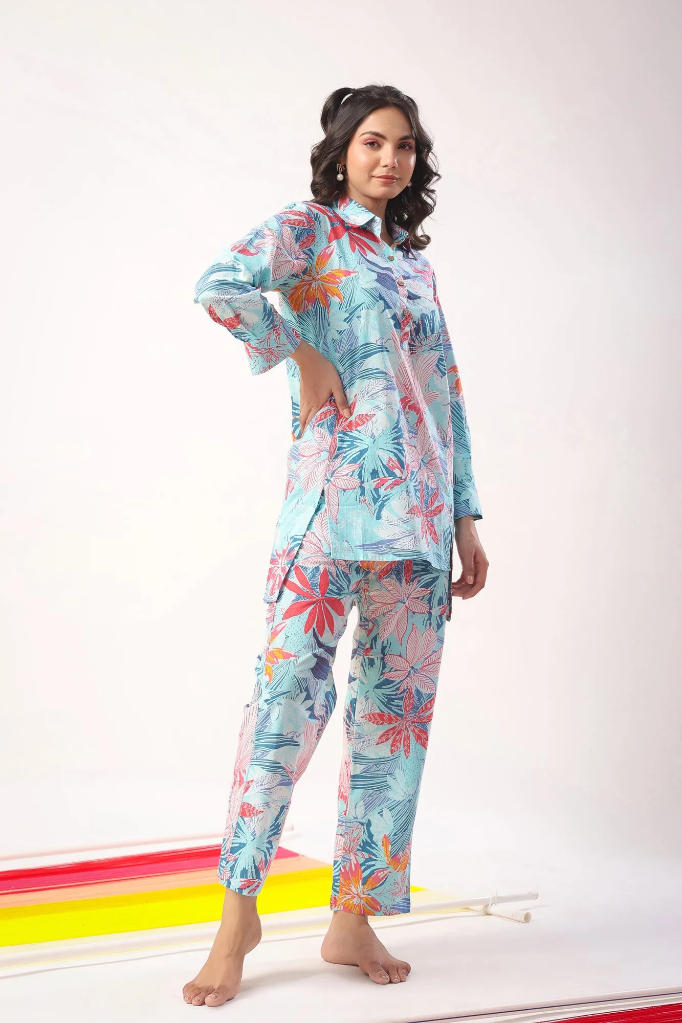 Marine Florals on Blue Loungewear Top Set