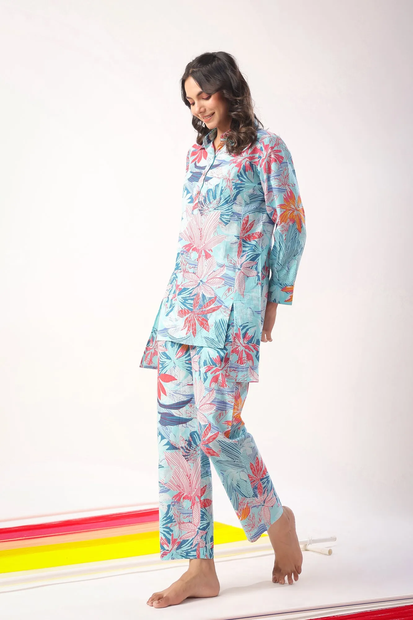 Marine Florals on Blue Loungewear Top Set