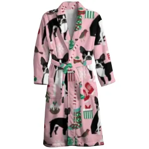 Mens Belt Christmas Pink Print Fleece Lounge Robe