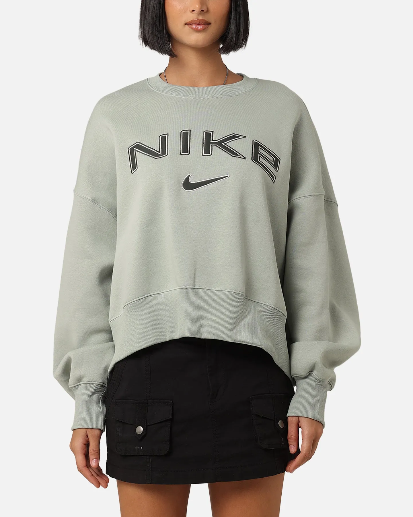 Nike Women's Sportswear Pheonix Fleece Oversized Logo Crewneck Jade Horizon/Light Orewood Brown