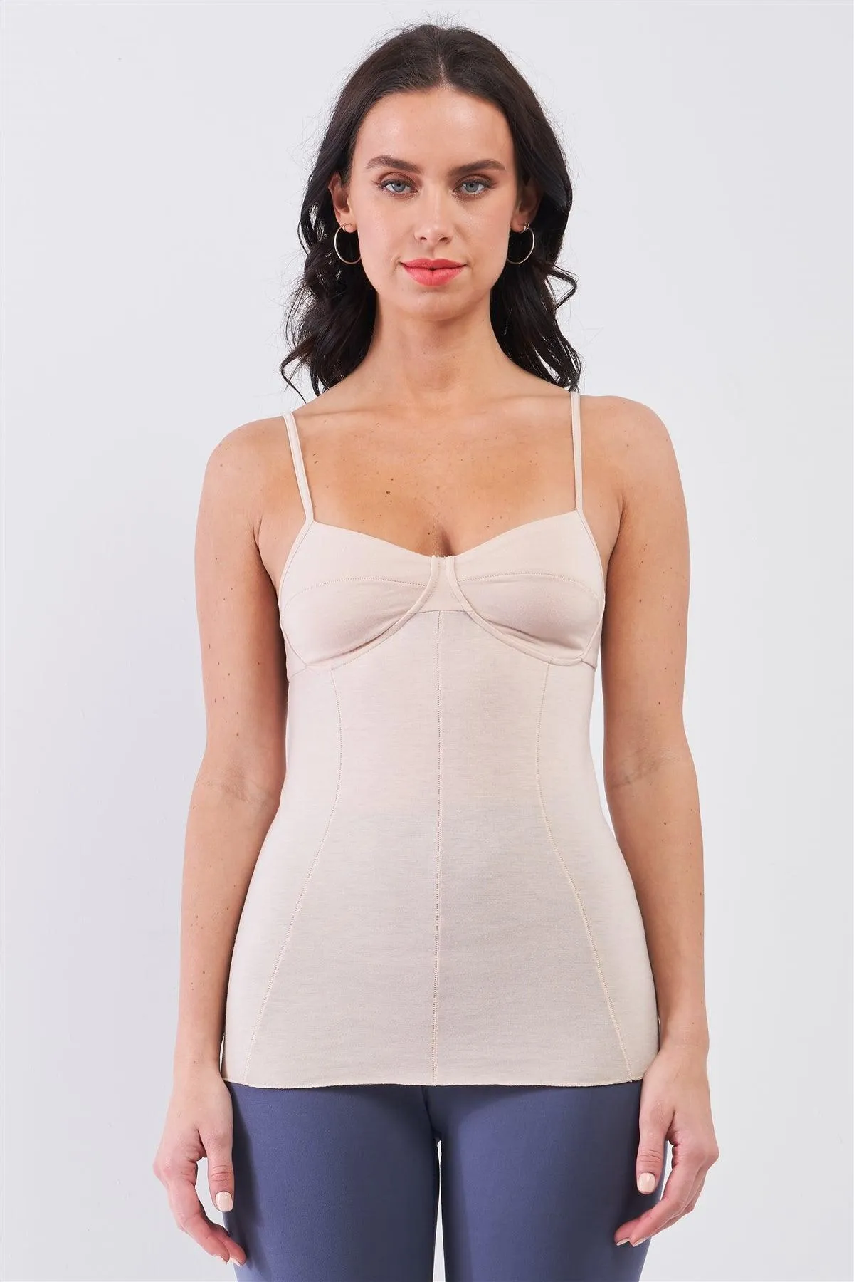 Nude Sleeveless V-Neck Stitching Detail Basic Cami Top /2-1-2-2-1