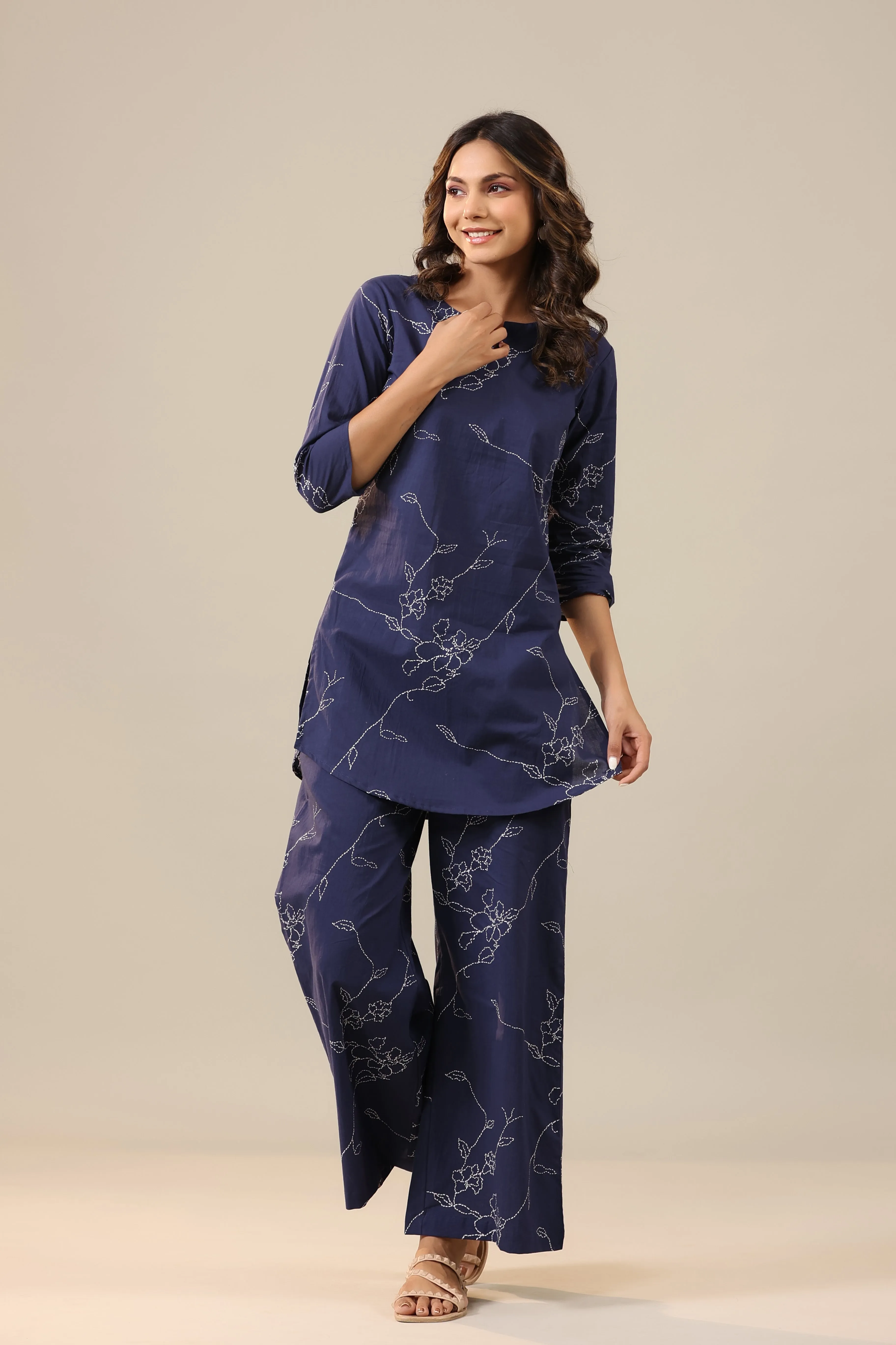 Patterned Dots on Dark Blue Cotton Palazzo Loungewear Set