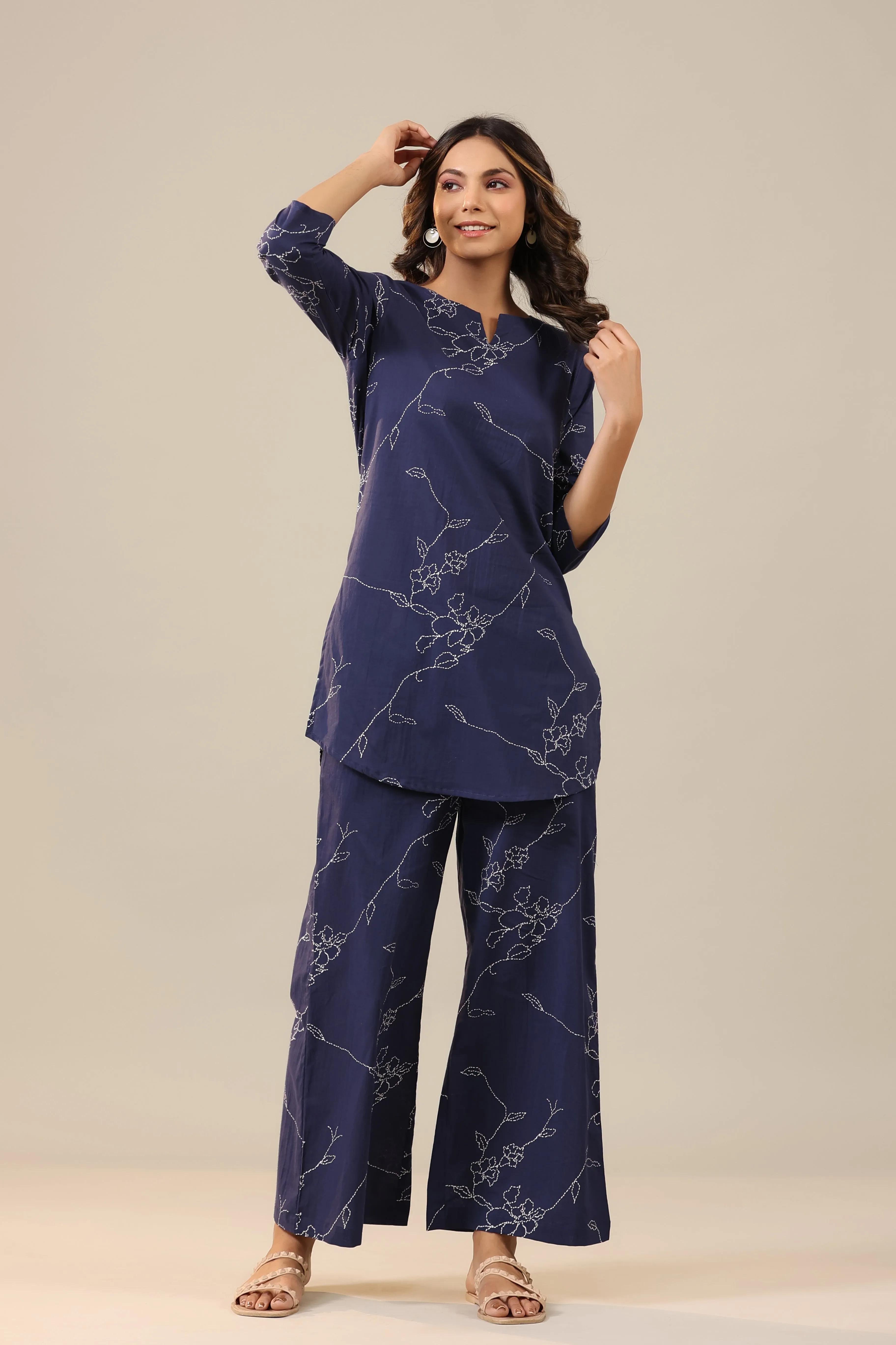 Patterned Dots on Dark Blue Cotton Palazzo Loungewear Set