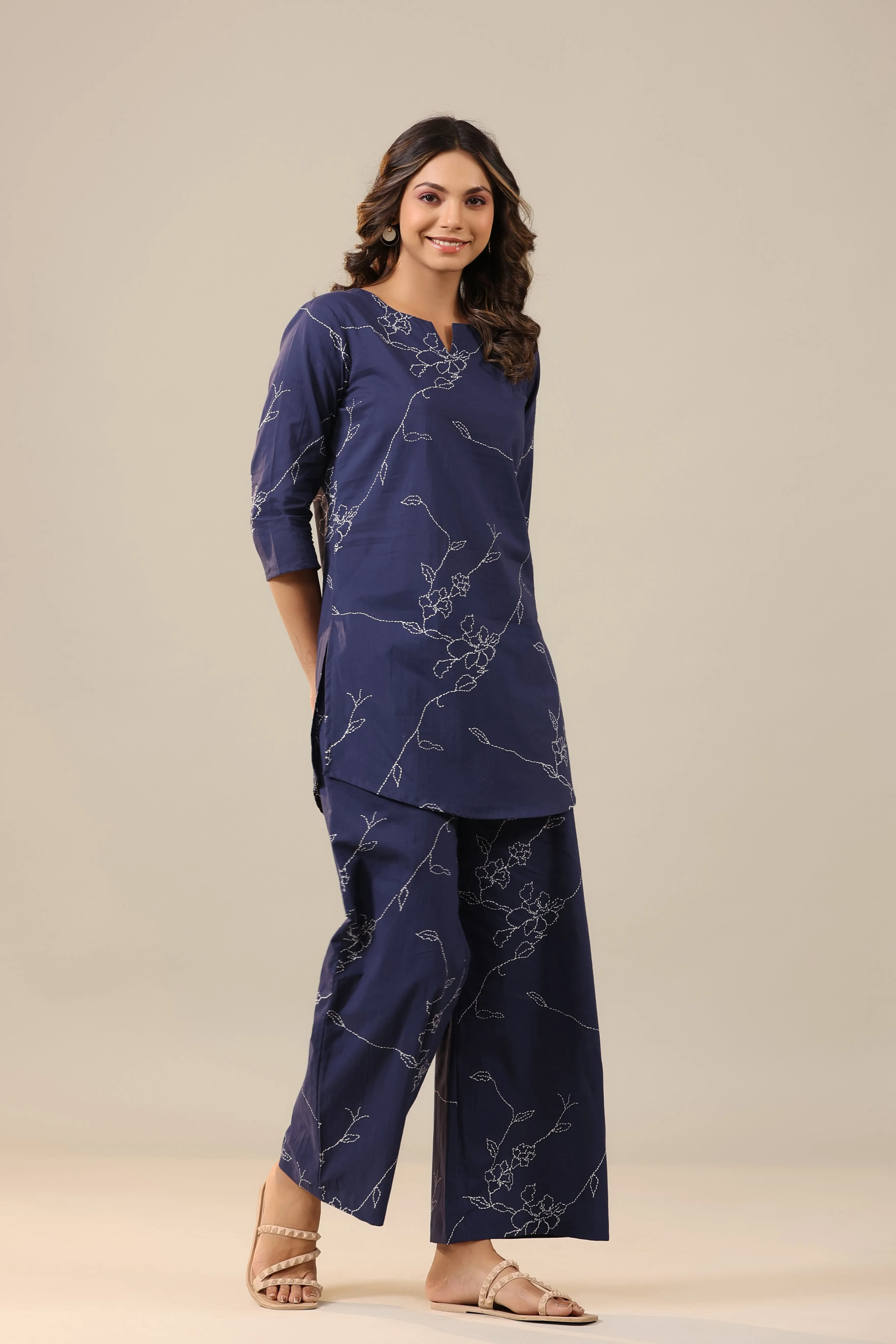 Patterned Dots on Dark Blue Cotton Palazzo Loungewear Set